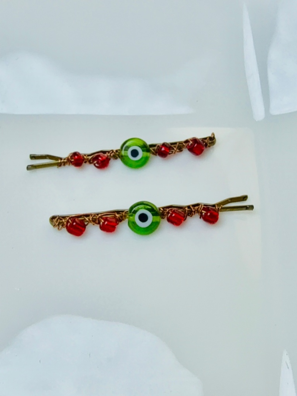Green Evil Eye with Red Round Beads Beaded Bobby Pins